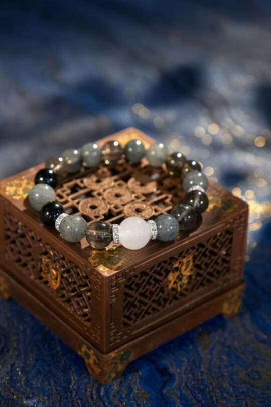 A Aquarius Zodiac crystal bracelet with Gray quartz beads.