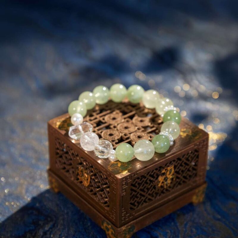 A Taurus Zodiac crystal bracelet with Green Fluorite quartz beads.