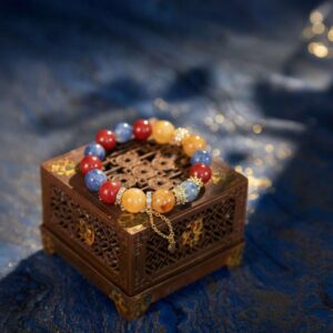 A Chinese Dragon Zodiac crystal bracelet with green rutilated and phantom quartz beads.