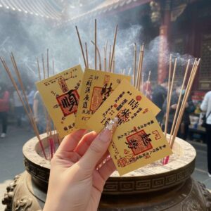 A hand holding GOLD Fulu Talisman of Fortune Turns in front of a traditional Chinese temple, symbolizing their authentic, blessed origin.