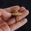 A person's hand holding the solid brass fidget spinner, showing its size and the satisfying feel of its textured grip.