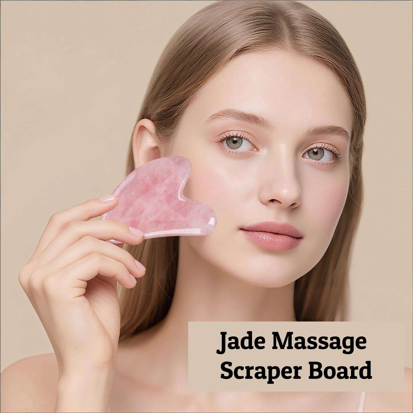 A woman demonstrates how to use a jade gua sha facial tool on her face.