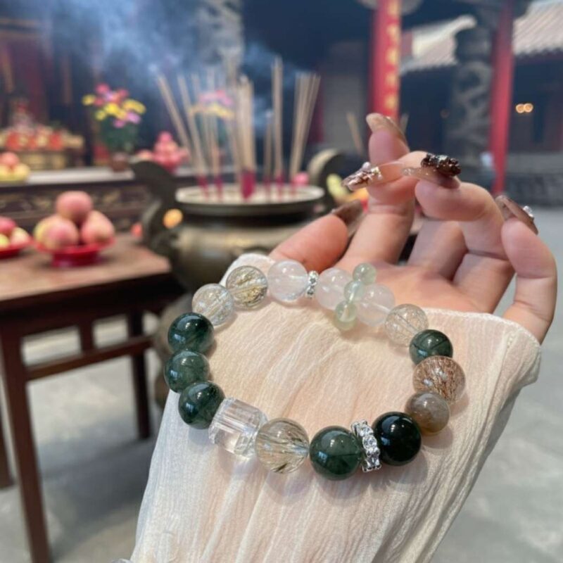 The Jia Wood Five Elements feng shui bracelet shown with its elegant real shot.