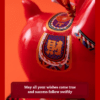Close up of a red year of the horse ceramic ornament showing the golden coin detail, greeting scroll, and glossy porcelain finish for Lunar New Year decoration.