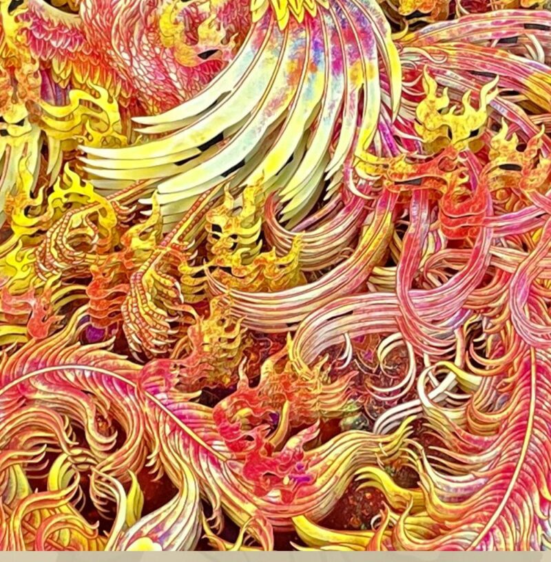 Historical comparison of the modern 3D Chinese Paper Cutting Fenghuang alongside ancient Hemudu Ivory carvings and Bronze vessels depicting the Sun Bird.