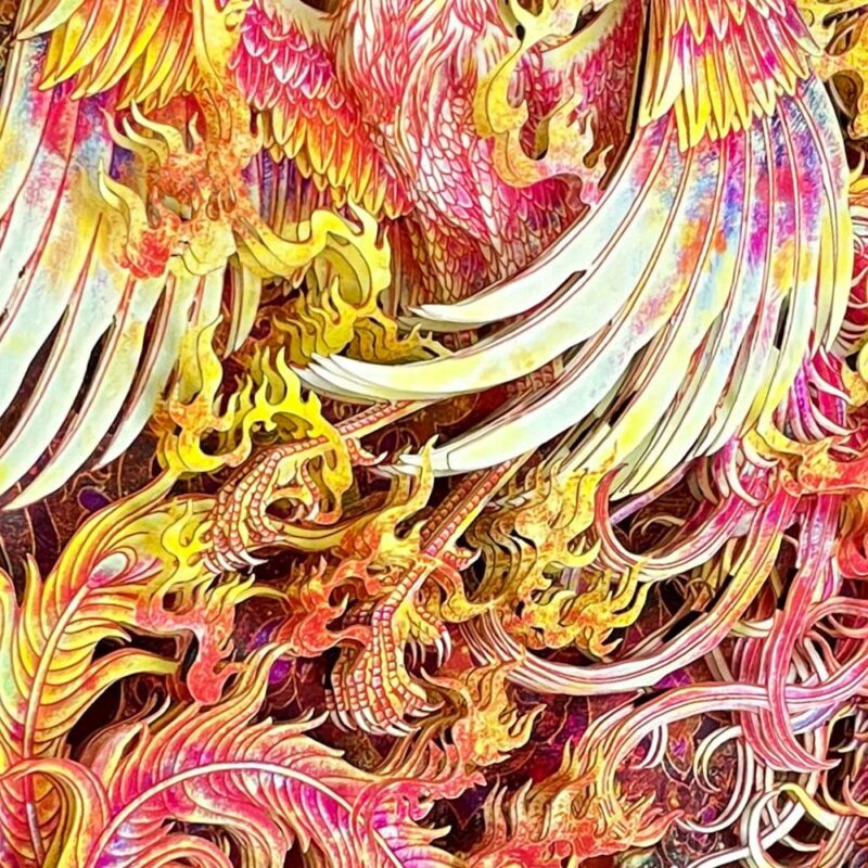 Historical comparison of the modern 3D Chinese Paper Cutting Fenghuang alongside ancient Hemudu Ivory carvings and Bronze vessels depicting the Sun Bird.