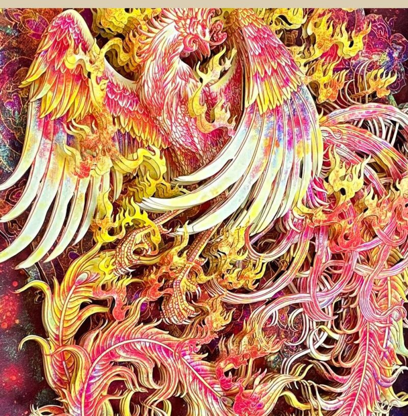 Historical comparison of the modern 3D Chinese Paper Cutting Fenghuang alongside ancient Hemudu Ivory carvings and Bronze vessels depicting the Sun Bird.