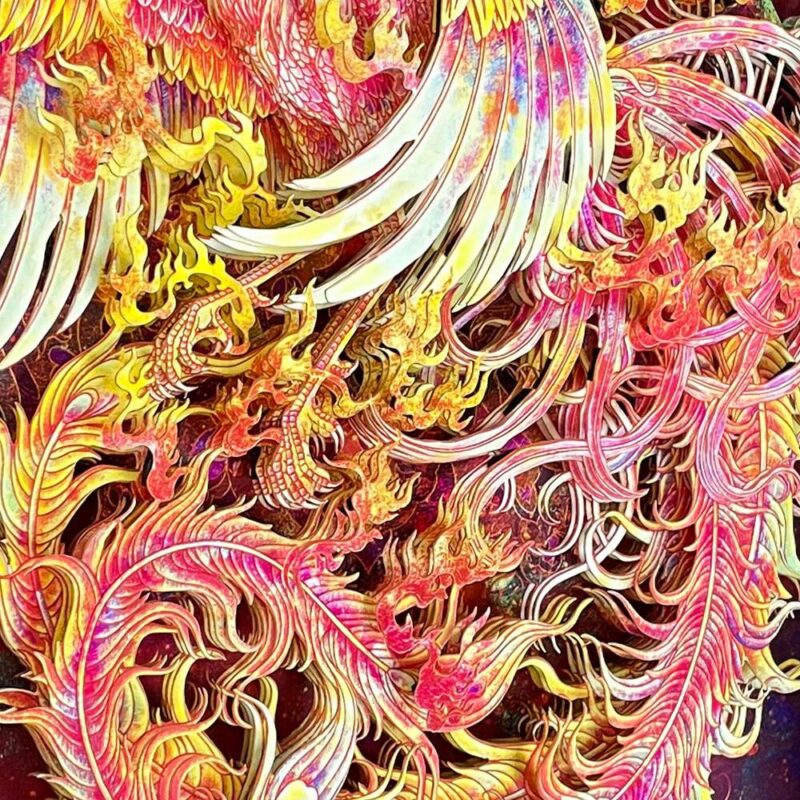 Historical comparison of the modern 3D Chinese Paper Cutting Fenghuang alongside ancient Hemudu Ivory carvings and Bronze vessels depicting the Sun Bird.