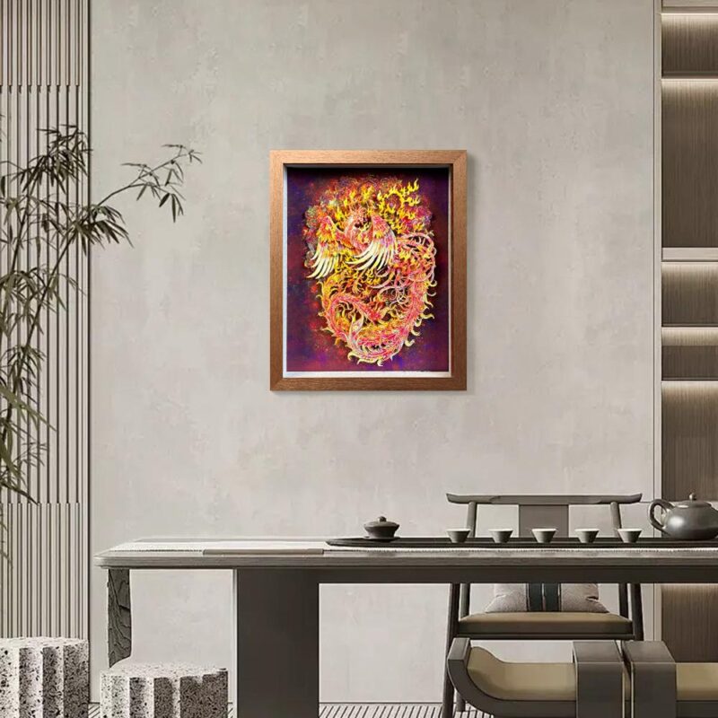 Elegant 3D Chinese Paper Cutting Fenghuang shadow box displayed on a rustic wooden stand, representing harmony and rebirth in Feng Shui decor.