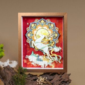 12-inch Heritage 3D Chinese Paper Cutting art of the Nine-Colored Deer displayed next to a premium red gift box with gold calligraphy.