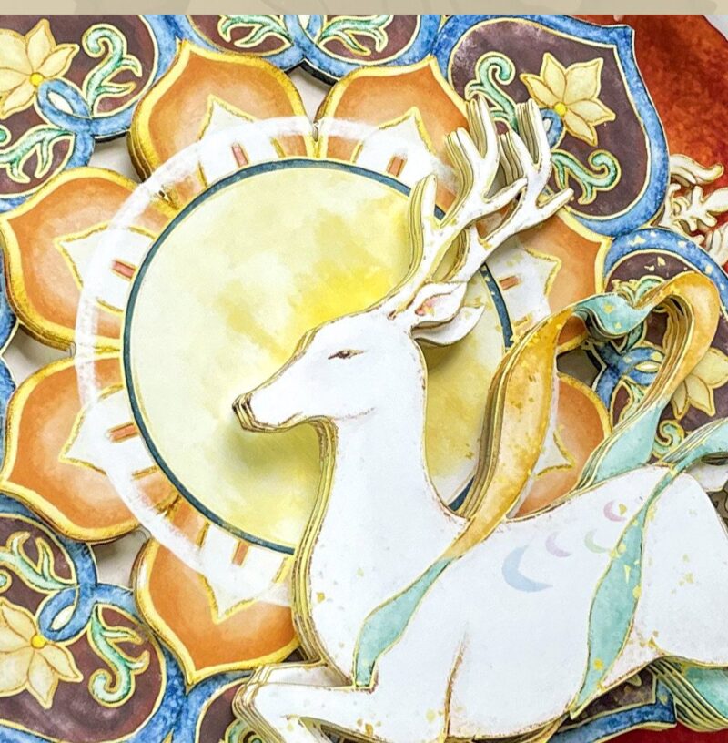 Close up of the Nine-Colored Deer 3D Chinese Paper Cutting showing the multi-layered paper craftsmanship and vibrant Dunhuang fresco colors.