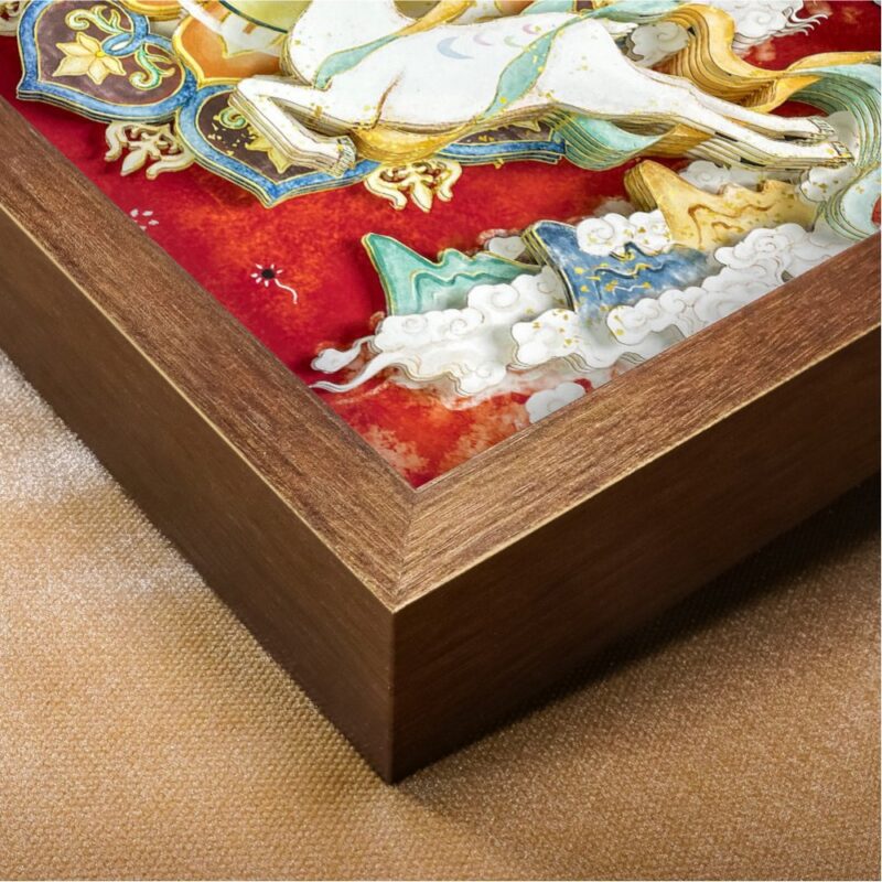 Close up of the Nine-Colored Deer 3D Chinese Paper Cutting showing the multi-layered paper craftsmanship and vibrant Dunhuang fresco colors.