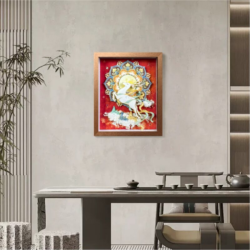 Elegant walnut framed 3D Chinese Paper Cutting artwork placed on a shelf, adding a touch of oriental Zen and Feng Shui fortune to the room.