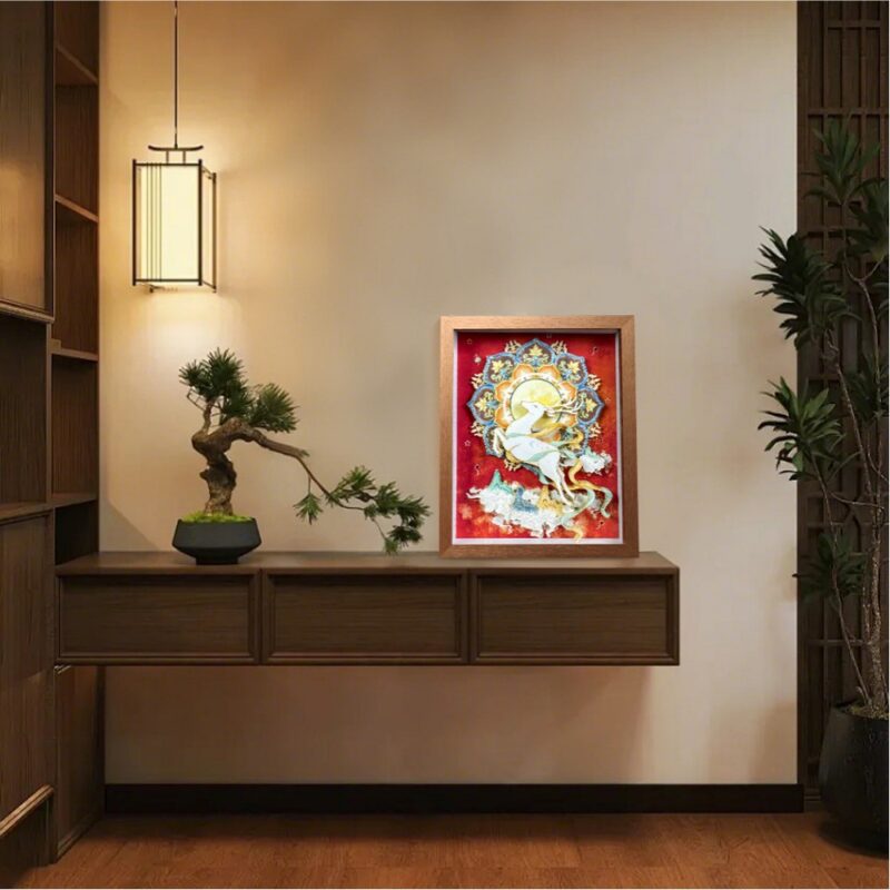 Elegant walnut framed 3D Chinese Paper Cutting artwork placed on a shelf, adding a touch of oriental Zen and Feng Shui fortune to the room.