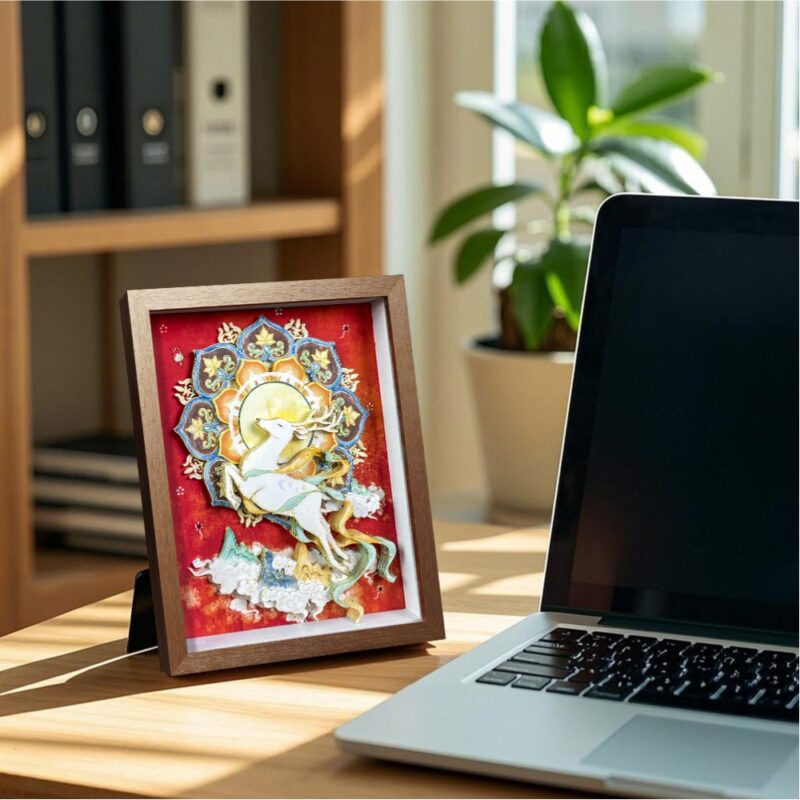 Elegant walnut framed 3D Chinese Paper Cutting artwork placed on a shelf, adding a touch of oriental Zen and Feng Shui fortune to the room.