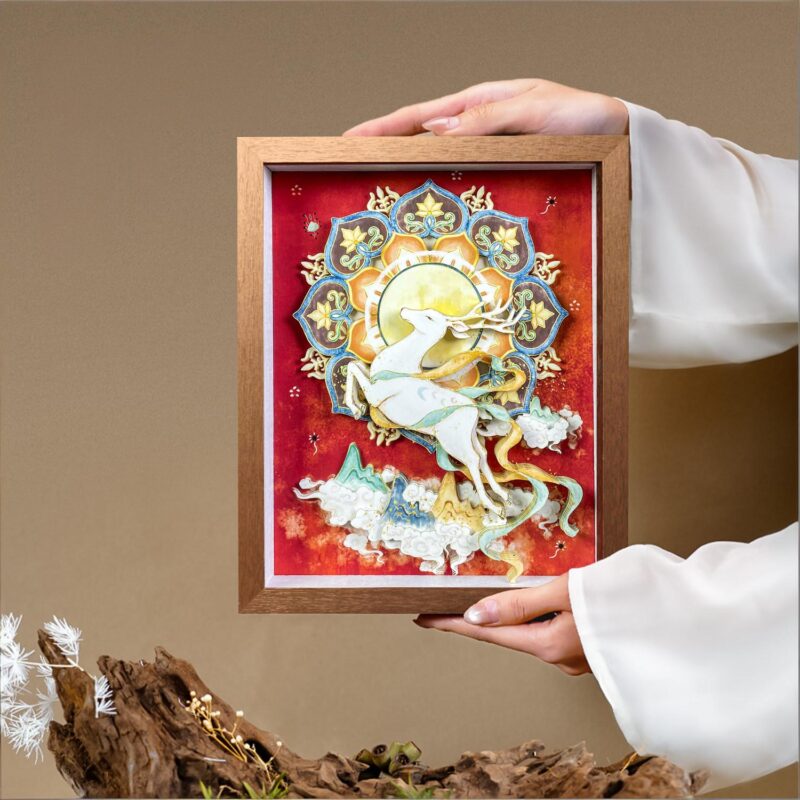 Elegant walnut framed 3D Chinese Paper Cutting artwork placed on a shelf, adding a touch of oriental Zen and Feng Shui fortune to the room.