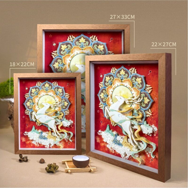 Elegant walnut framed 3D Chinese Paper Cutting artwork placed on a shelf, adding a touch of oriental Zen and Feng Shui fortune to the room.
