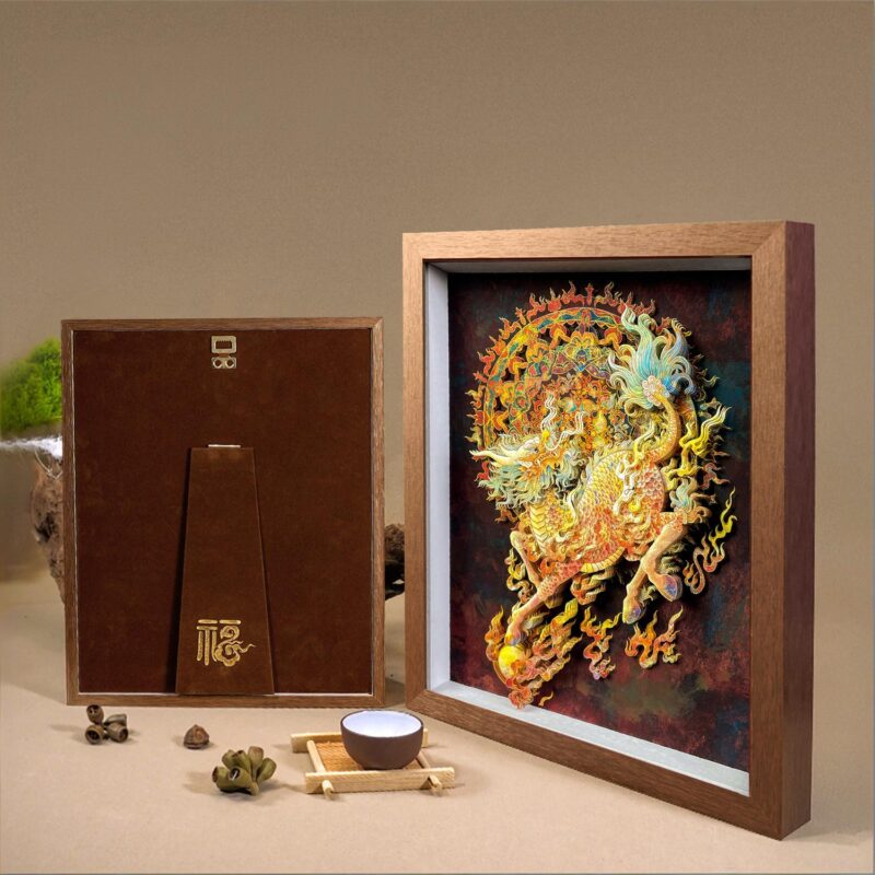 Red gift box with gold calligraphy next to the 3D Chinese Paper Cutting Qilin shadow box, perfect for Lunar New Year or corporate gifting.