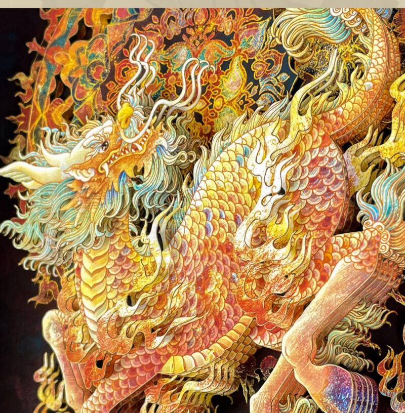 Side view of the 3D Chinese Paper Cutting Qilin frame revealing the depth of the paper layers and the high-quality gold silk walnut wood frame.