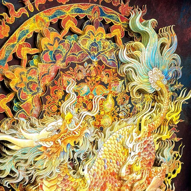 Side view of the 3D Chinese Paper Cutting Qilin frame revealing the depth of the paper layers and the high-quality gold silk walnut wood frame.