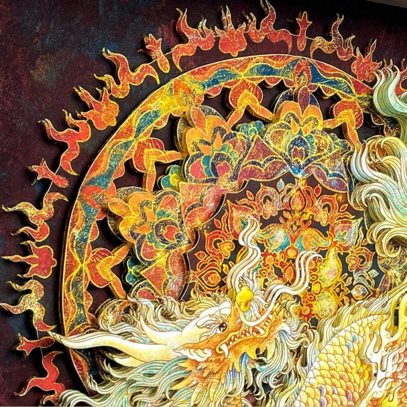 Side view of the 3D Chinese Paper Cutting Qilin frame revealing the depth of the paper layers and the high-quality gold silk walnut wood frame.