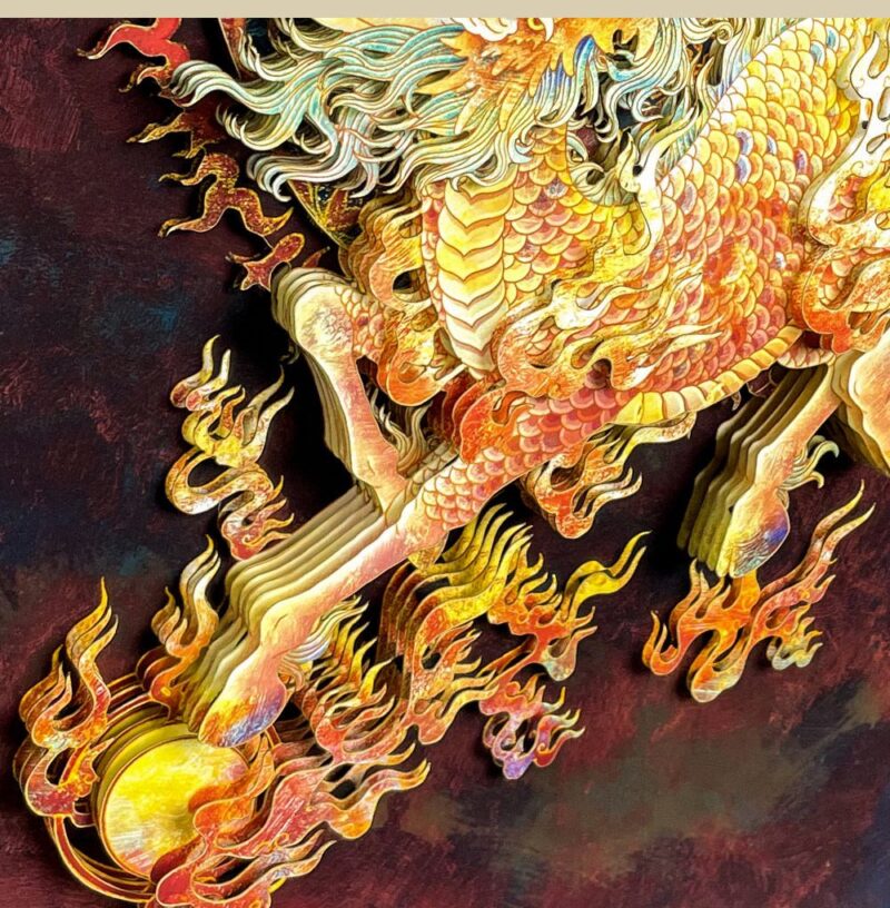 Side view of the 3D Chinese Paper Cutting Qilin frame revealing the depth of the paper layers and the high-quality gold silk walnut wood frame.