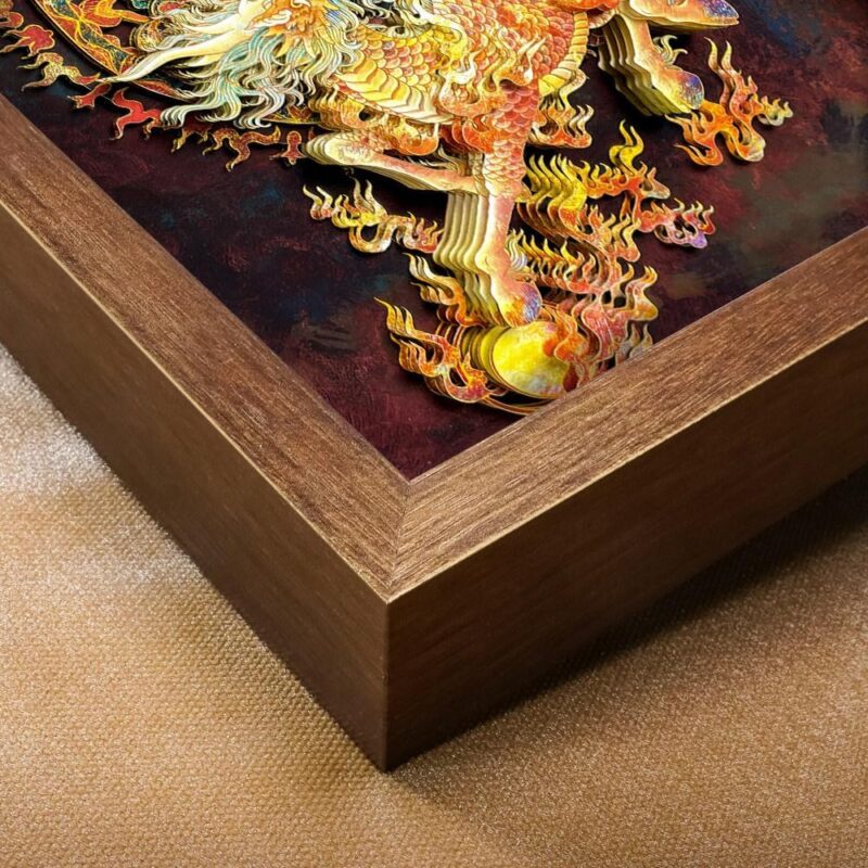 Side view of the 3D Chinese Paper Cutting Qilin frame revealing the depth of the paper layers and the high-quality gold silk walnut wood frame.