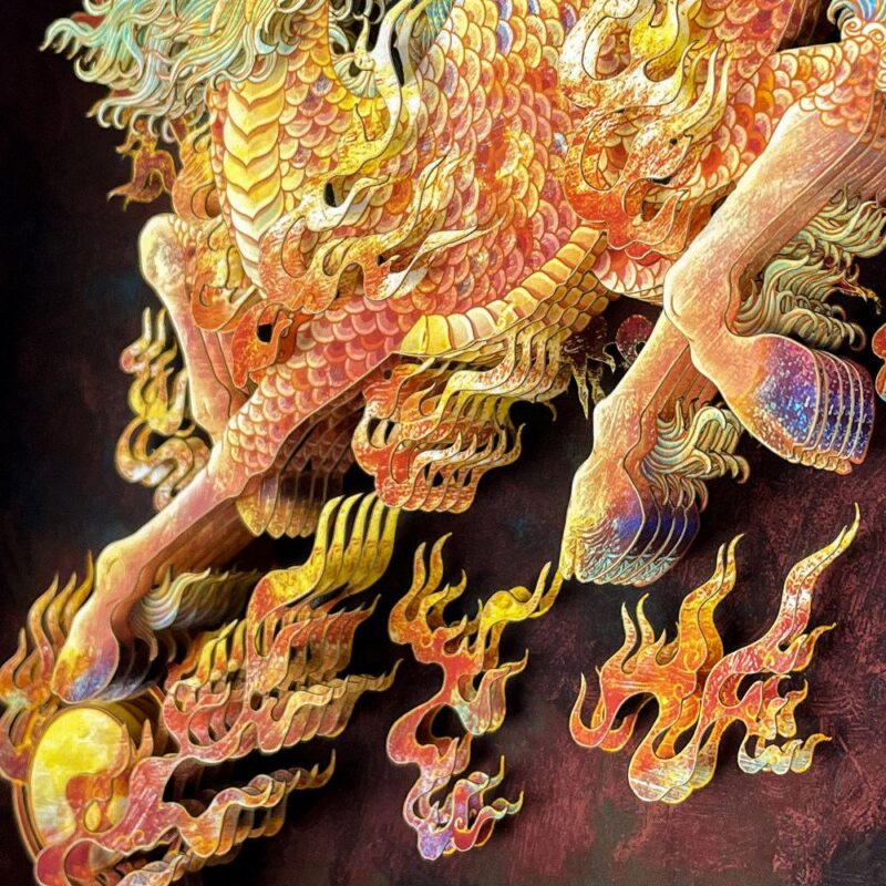 Side view of the 3D Chinese Paper Cutting Qilin frame revealing the depth of the paper layers and the high-quality gold silk walnut wood frame.