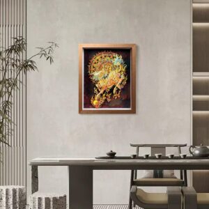 Close up of the 3D Chinese Paper Cutting Qilin showing the multi-layered paper craftsmanship, dragon head, and deer antlers in vibrant colors.