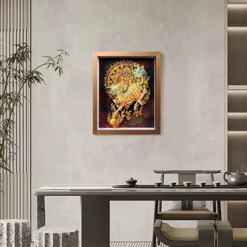 Close up of the 3D Chinese Paper Cutting Qilin showing the multi-layered paper craftsmanship, dragon head, and deer antlers in vibrant colors.