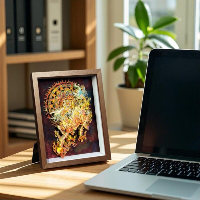 Close up of the 3D Chinese Paper Cutting Qilin showing the multi-layered paper craftsmanship, dragon head, and deer antlers in vibrant colors.