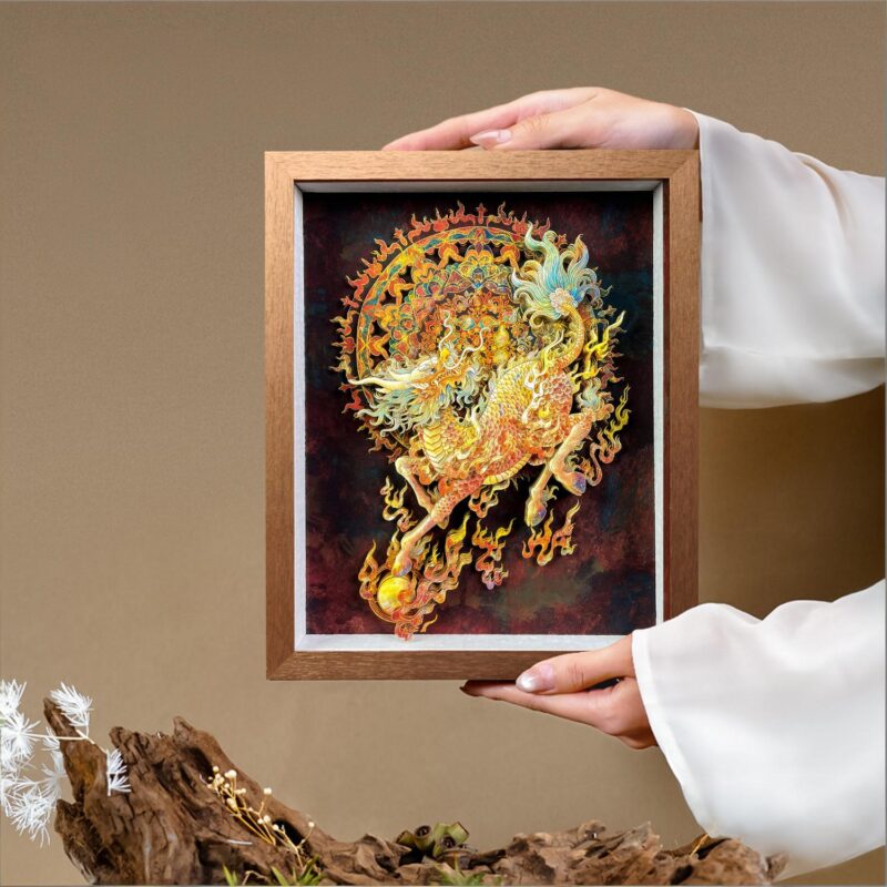 Red gift box with gold calligraphy next to the 3D Chinese Paper Cutting Qilin shadow box, perfect for Lunar New Year or corporate gifting.