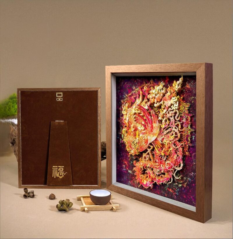 Close up of the 3D Chinese Paper Cutting Vermilion Bird, detailing the laser-carved plumage and the mythical fire symbolism of the Guardian of the South.