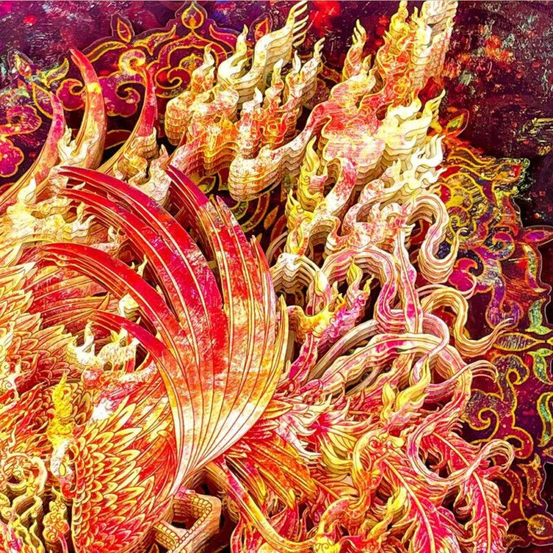 Comparison of the modern 3D Chinese Paper Cutting Vermilion Bird alongside ancient Han Dynasty roof tiles and murals depicting the same mythical creature.