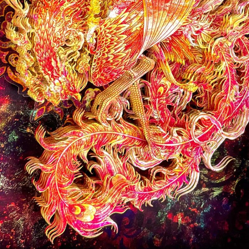 Comparison of the modern 3D Chinese Paper Cutting Vermilion Bird alongside ancient Han Dynasty roof tiles and murals depicting the same mythical creature.