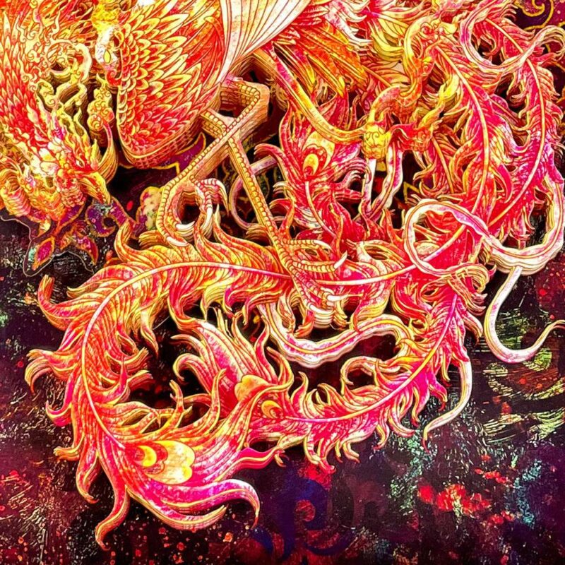 Comparison of the modern 3D Chinese Paper Cutting Vermilion Bird alongside ancient Han Dynasty roof tiles and murals depicting the same mythical creature.