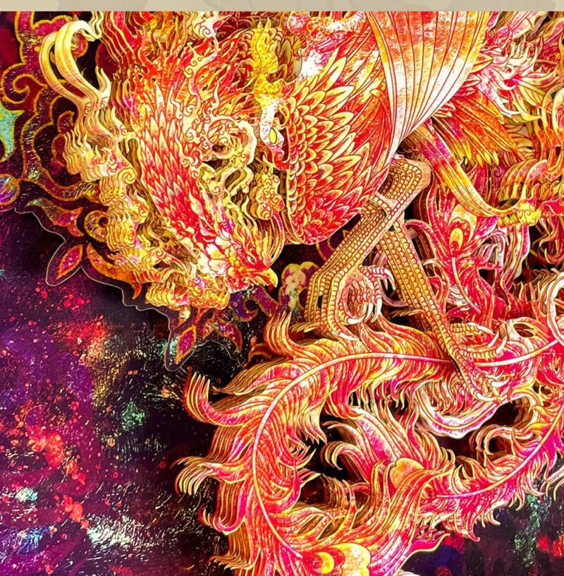 Comparison of the modern 3D Chinese Paper Cutting Vermilion Bird alongside ancient Han Dynasty roof tiles and murals depicting the same mythical creature.