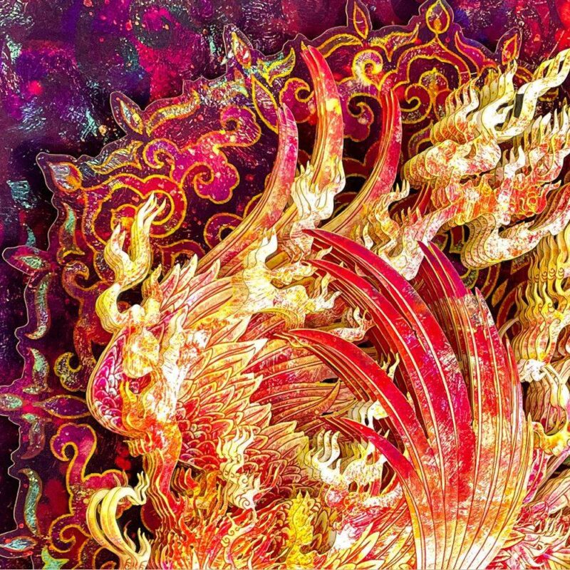 Comparison of the modern 3D Chinese Paper Cutting Vermilion Bird alongside ancient Han Dynasty roof tiles and murals depicting the same mythical creature.