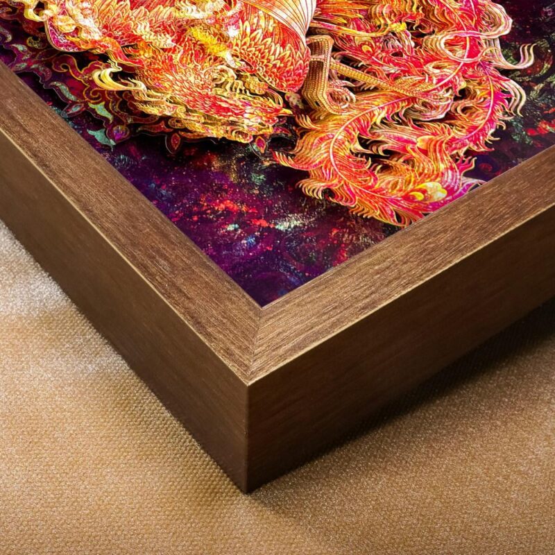 Comparison of the modern 3D Chinese Paper Cutting Vermilion Bird alongside ancient Han Dynasty roof tiles and murals depicting the same mythical creature.