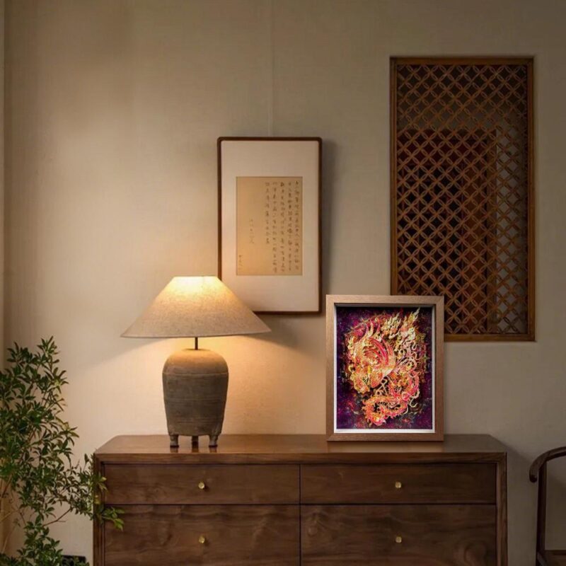 Elegant 3D Chinese Paper Cutting Vermilion Bird shadow box displayed on a rustic wooden stand, representing Feng Shui fire element decor.