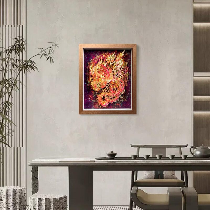 Elegant 3D Chinese Paper Cutting Vermilion Bird shadow box displayed on a rustic wooden stand, representing Feng Shui fire element decor.