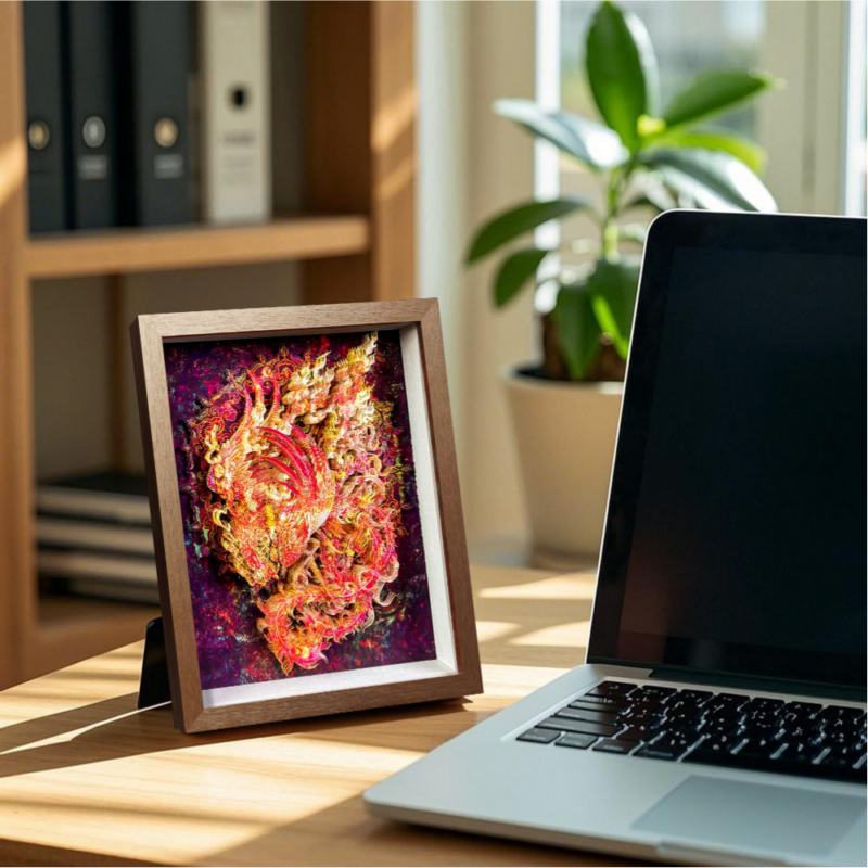 Elegant 3D Chinese Paper Cutting Vermilion Bird shadow box displayed on a rustic wooden stand, representing Feng Shui fire element decor.