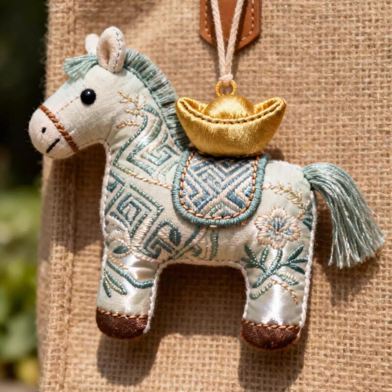 Collection of Handmade Brocade Guardian Horse Embroidery Amulet charms in pink, black, and other colors, hanging together to show the variety of Lunar New Year gifts.