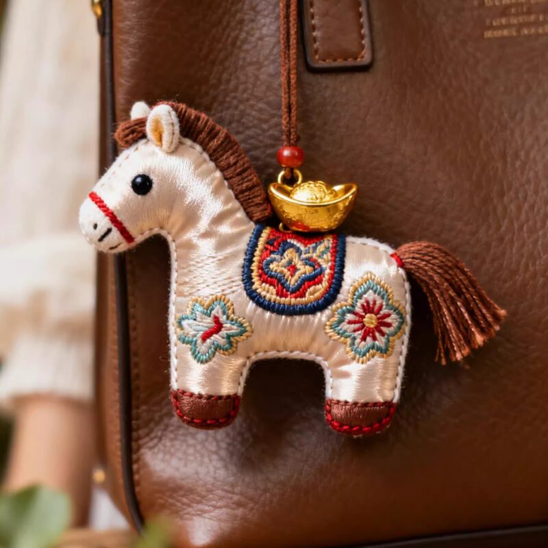 Close up of a Pearl White Handmade Horse Embroidery Amulet hanging on a brown leather bag, featuring a gold ingot on its back for wealth.
