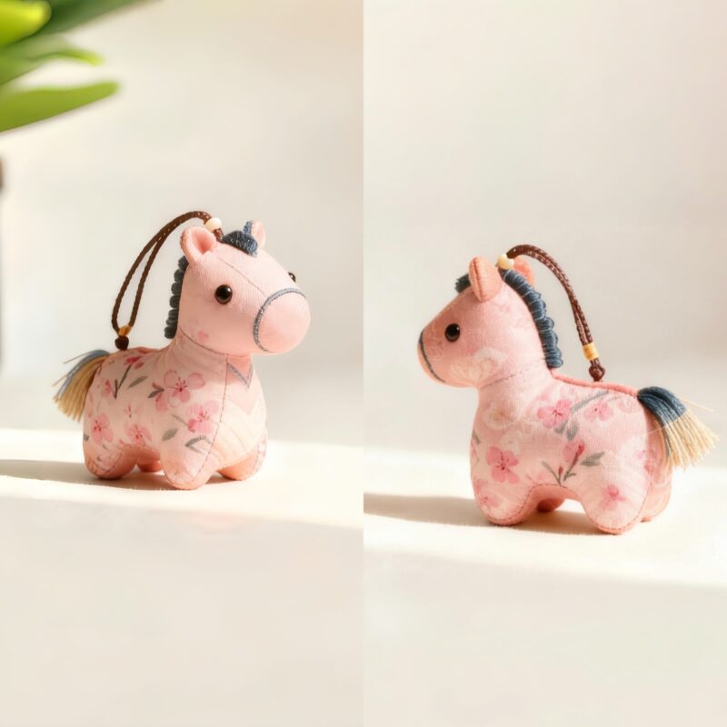 Collection of Handmade Brocade Guardian Horse Embroidery Amulet charms in pink, black, and other colors, hanging together to show the variety of Lunar New Year gifts.