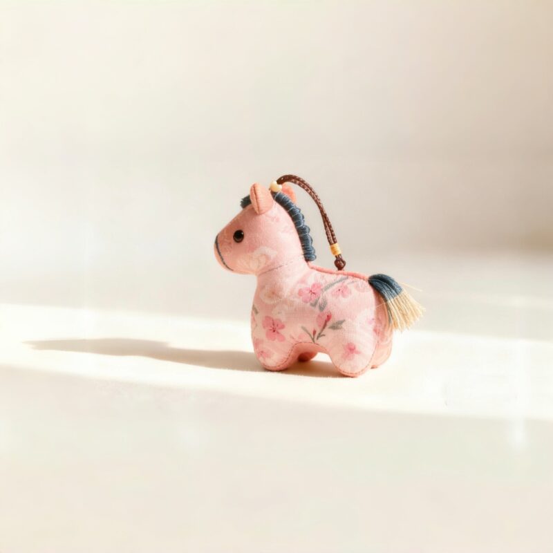 Collection of Handmade Brocade Guardian Horse Embroidery Amulet charms in pink, black, and other colors, hanging together to show the variety of Lunar New Year gifts.