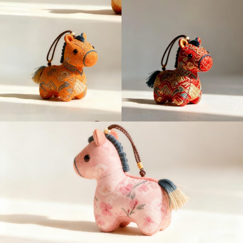 Collection of Handmade Brocade Guardian Horse Embroidery Amulet charms in pink, black, and other colors, hanging together to show the variety of Lunar New Year gifts.