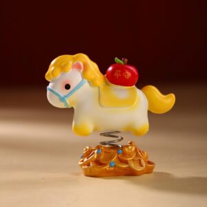 Collection of six Year of the Horse Creative Spring Ornament bobbleheads in various colors, featuring gold ingots, apples, and clovers for Lunar New Year car decor.