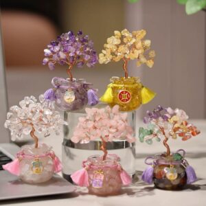 Collection of six Feng Shui Crystal Trees in various natural stone colors including amethyst, citrine, and rose quartz, displayed for wealth and luck.
