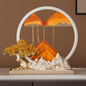 Large Feng Shui Moving Sand Art Sandscape for Wealth & Lai Cai featuring golden sand mountains and a resin statue of a money tree and deer.